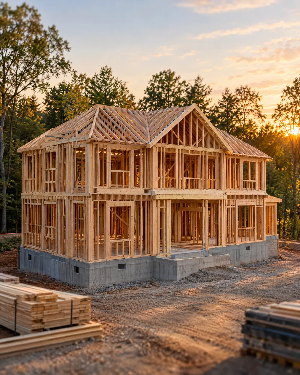 A two-story home in fresh timber framing on a new foundation, woods behind