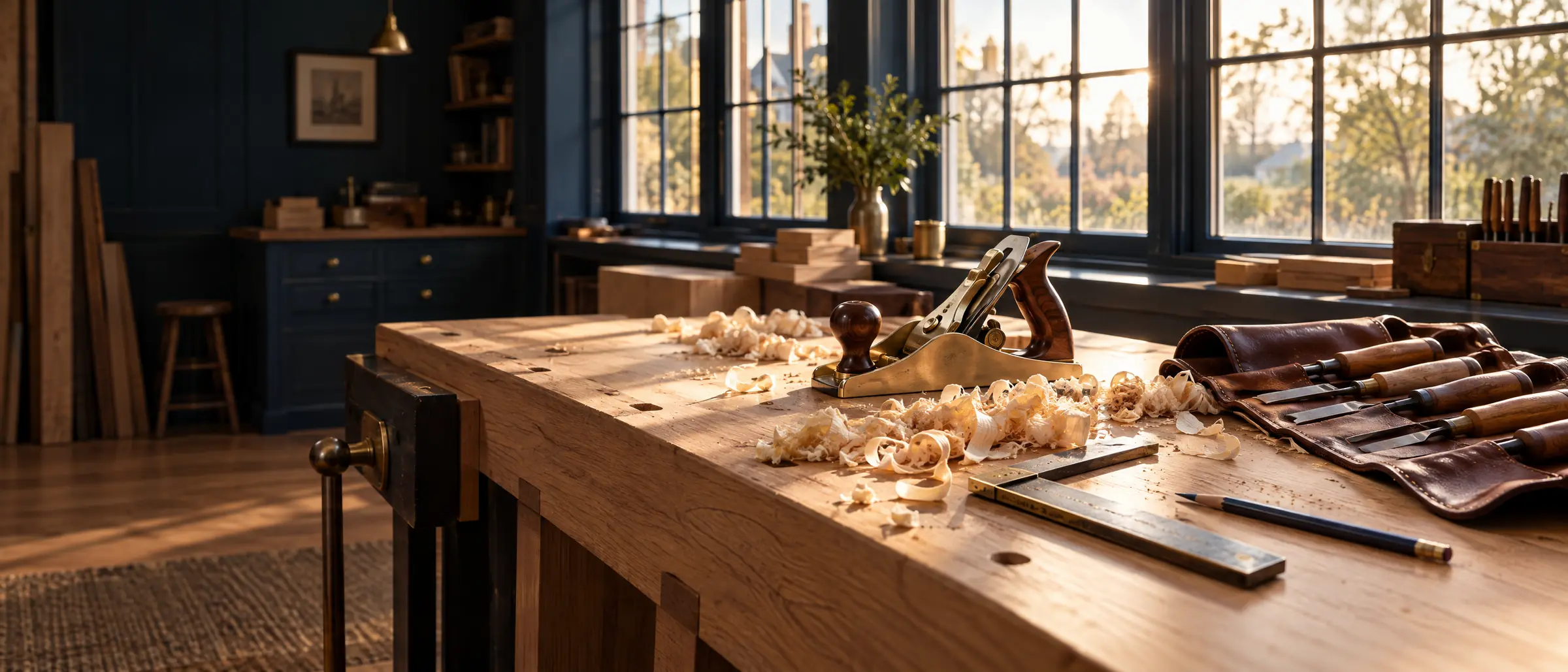 A carpenter’s oak workbench with a brass hand plane, chisels in a leather roll, and curled shavings
