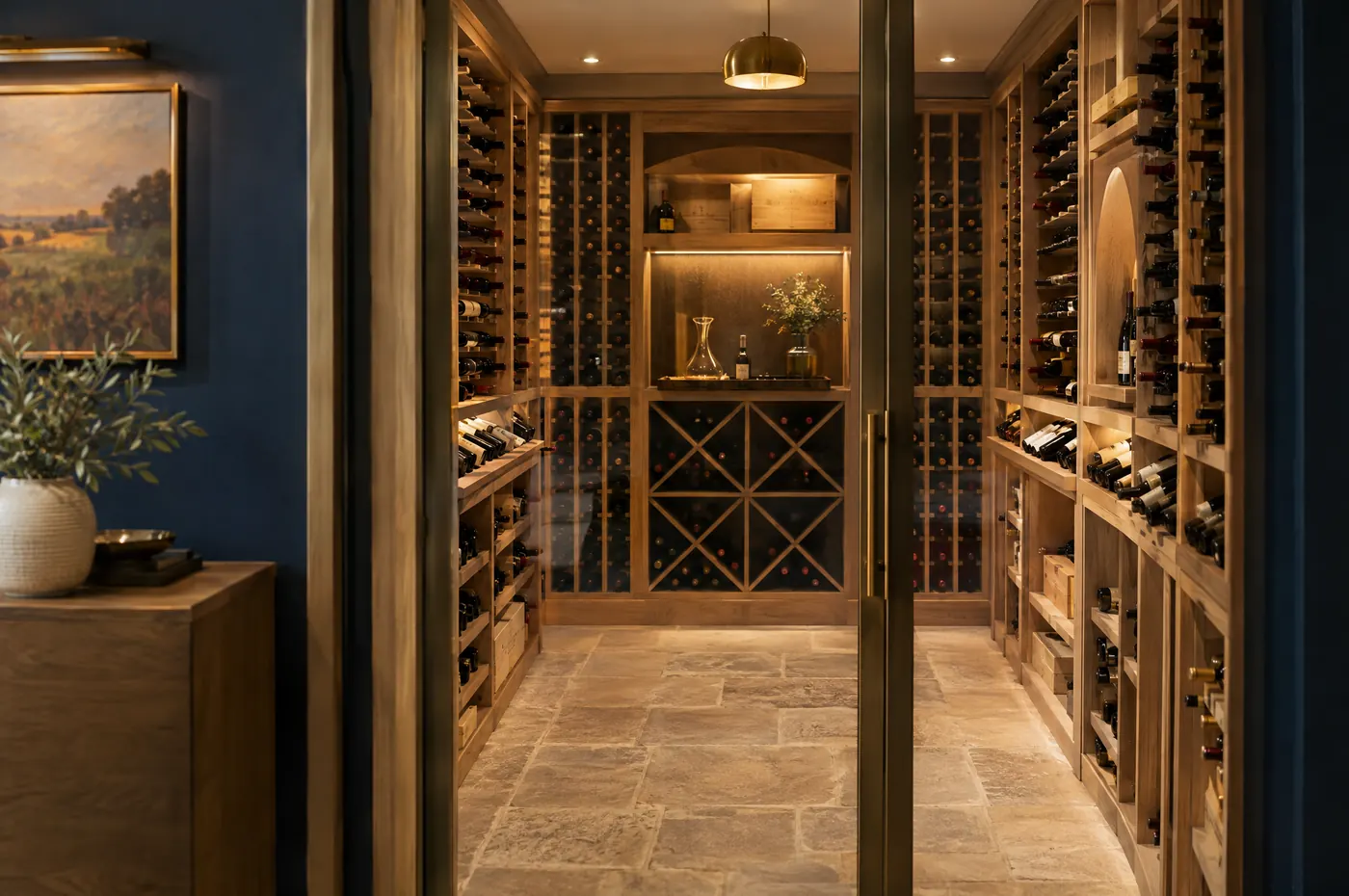 A basement wine room behind a glass door with oak racks
