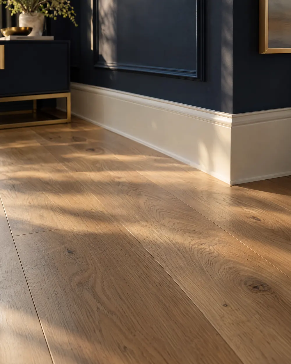 Wide white oak floorboards meeting a painted baseboard