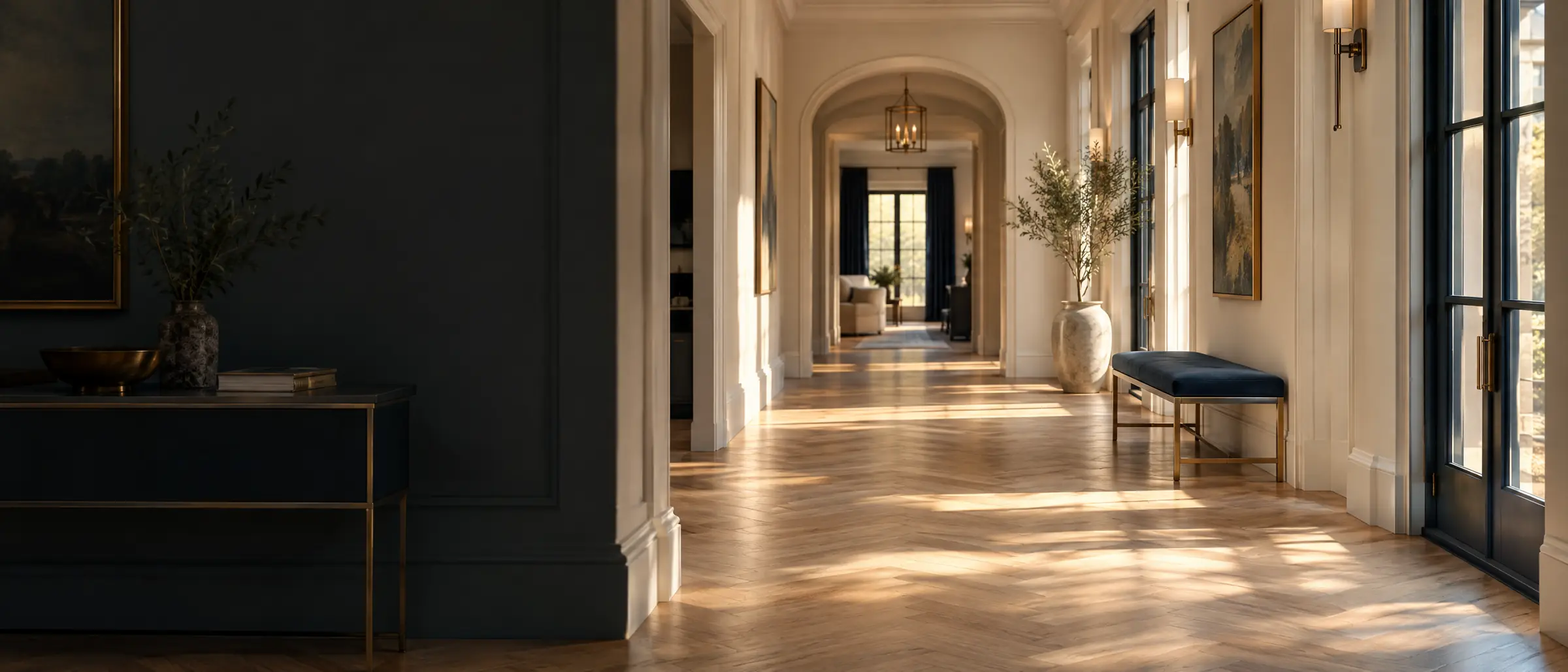 A long hallway with white oak herringbone floors and cream walls