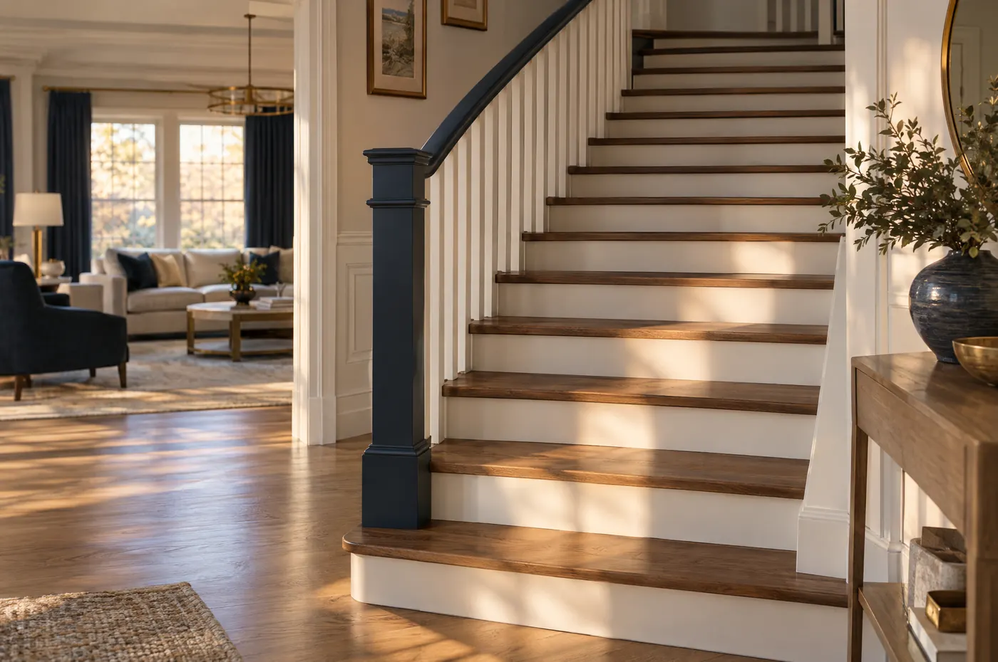 A staircase with walnut treads and white risers