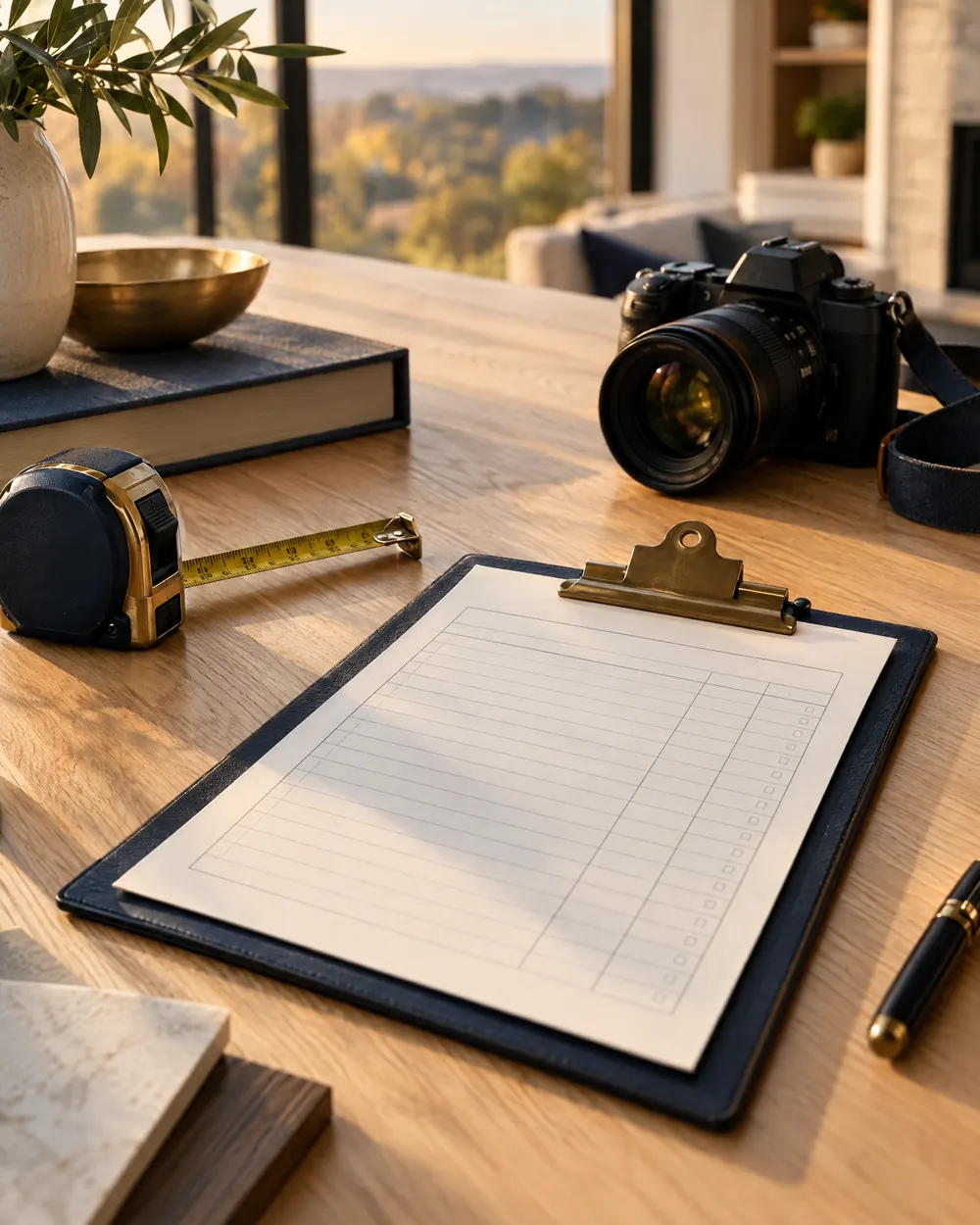 A clipboard, a tape measure, and a camera on an oak table