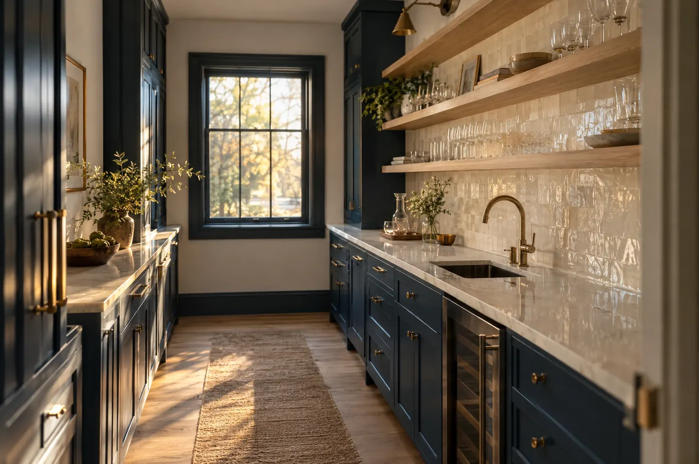 A butler’s pantry with navy cabinets, cream tile, and open oak shelves