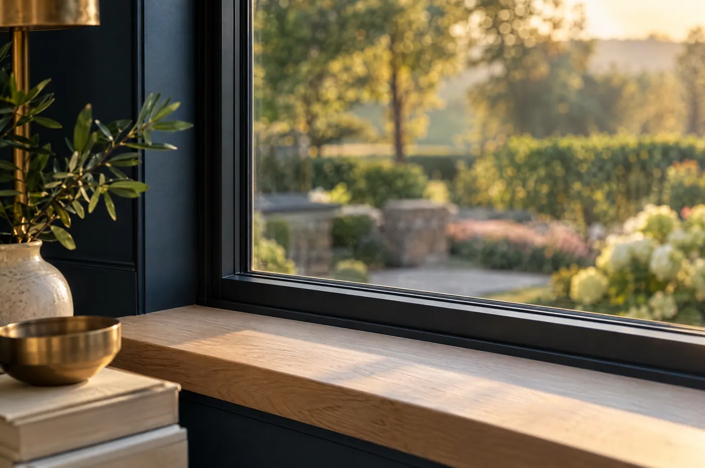 A black window frame and oak sill with a garden beyond